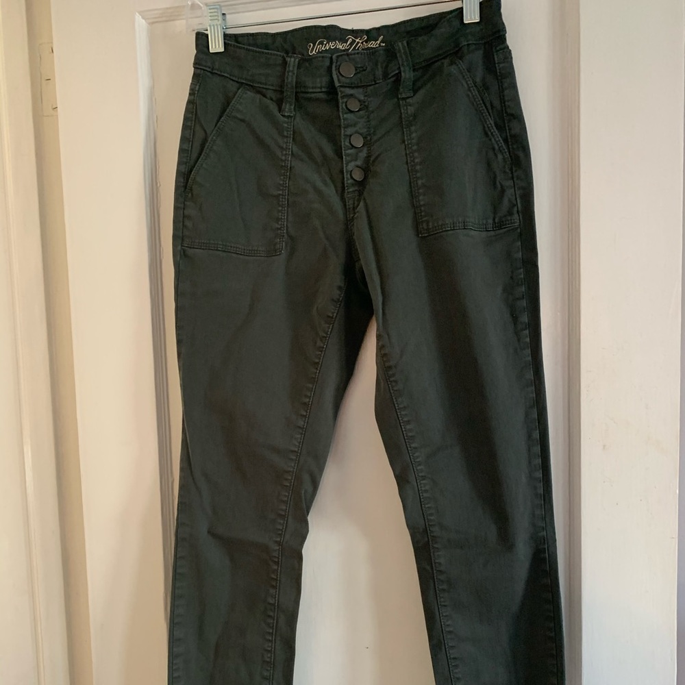 High waist army green stretch denim w button fly